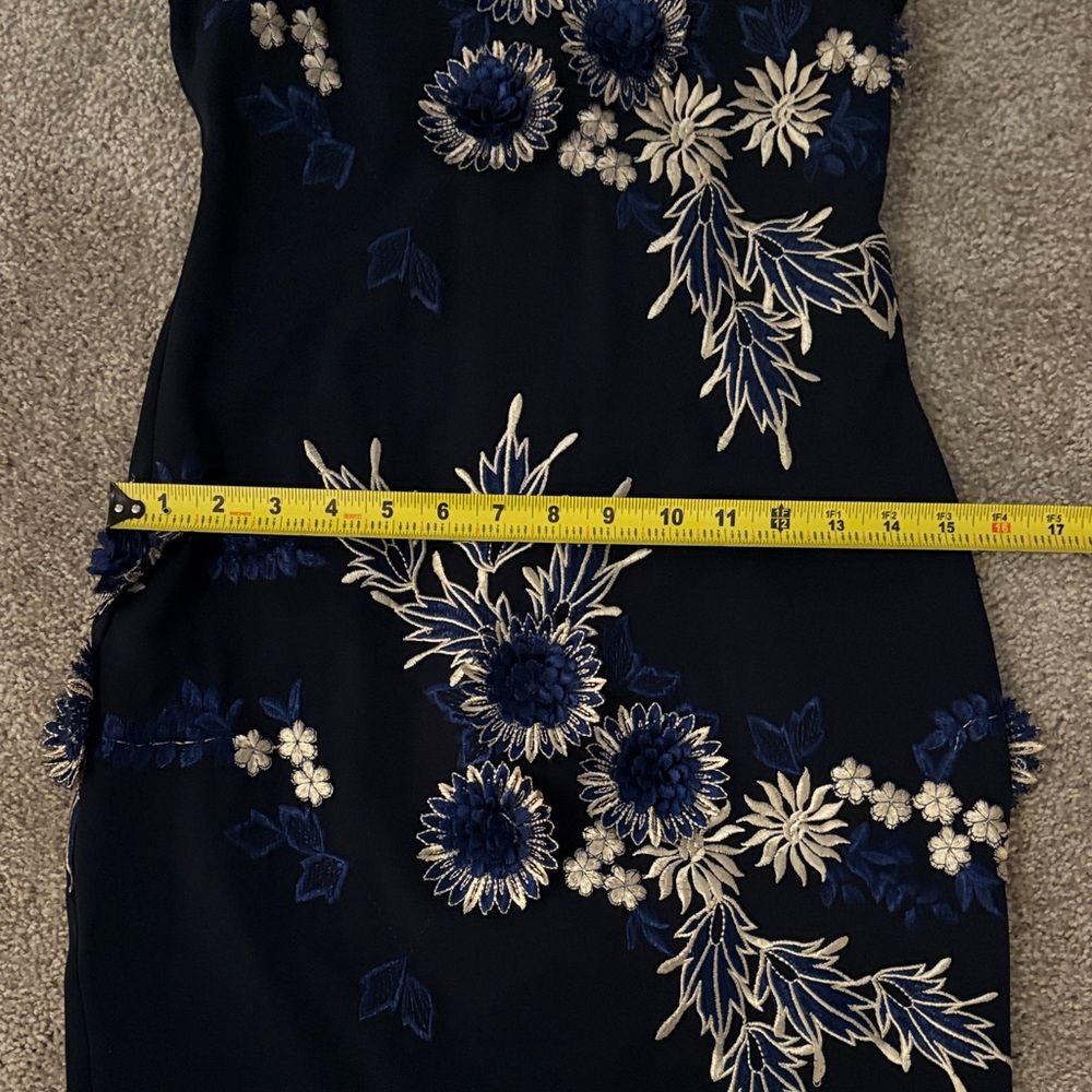 Badgley Mischka Navy Midi Dress with White & Blue Embroidered Floral Print - Picture 13 of 16